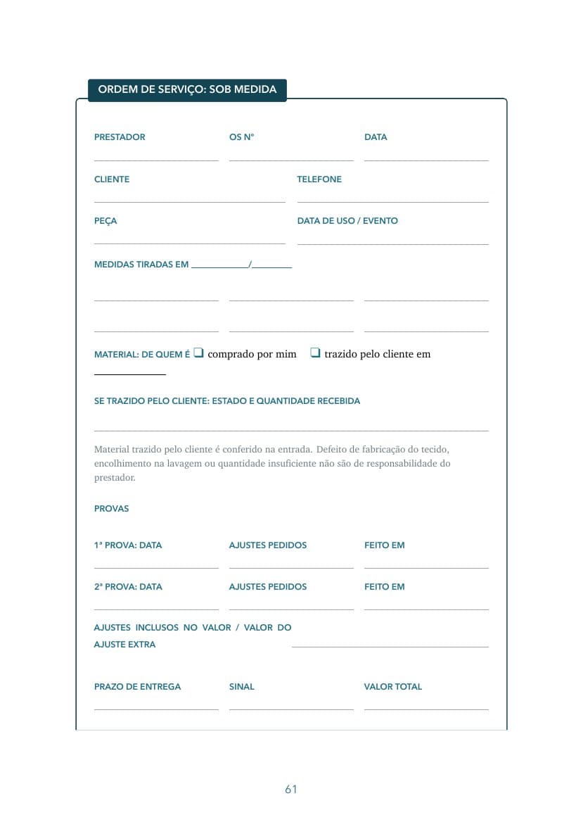 Ordem de serviço sob medida em branco, com campos de prestador, cliente, peça, provas e prazo