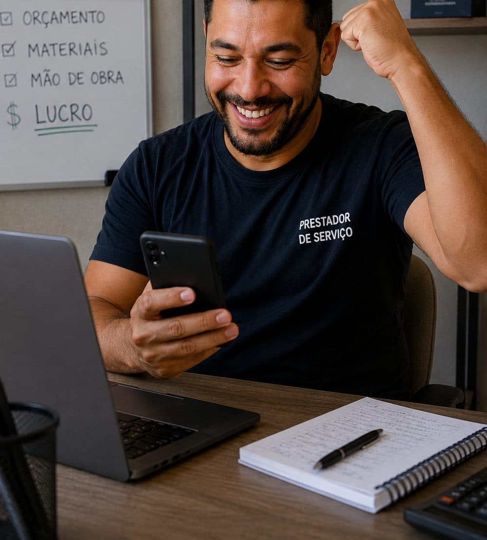 Prestador de serviço sorrindo com o celular na mão, ao lado de um quadro com orçamento, materiais, mão de obra e lucro marcados