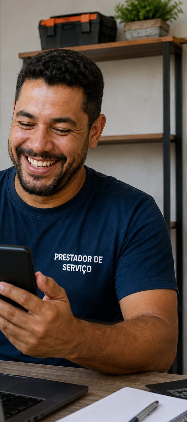 Prestador de serviço de camiseta escura sorrindo enquanto olha o celular na mesa de trabalho